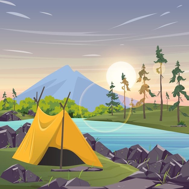 Aventura de acampada dibujada a mano