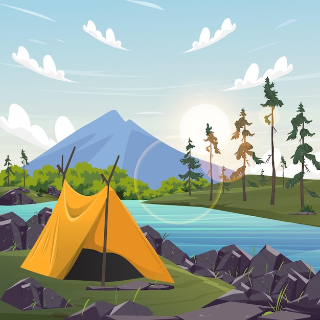 Aventura de acampada dibujada a mano