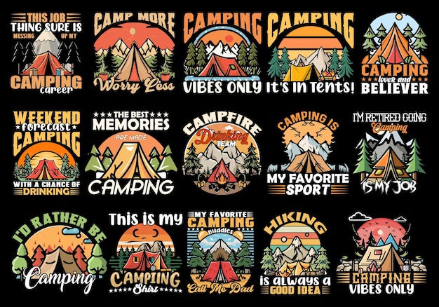 Aventura al aire libre camping camiseta vectorial conjunto de diseño de acampada aventura al aire libre diseño de montaña