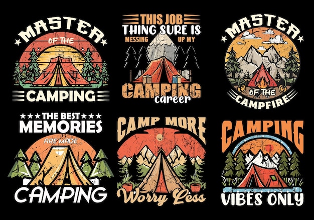 Aventura al aire libre camping camiseta vectorial conjunto de diseño de acampada aventura al aire libre diseño de montaña