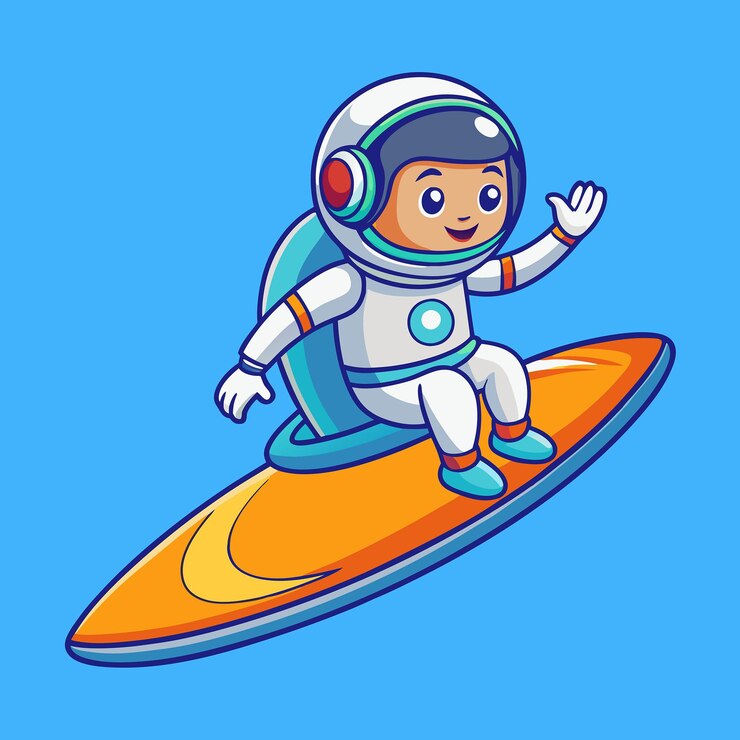 Vector aventura cósmica un adorable astronauta se embarca en una expedición de surf en medio de las estrellas