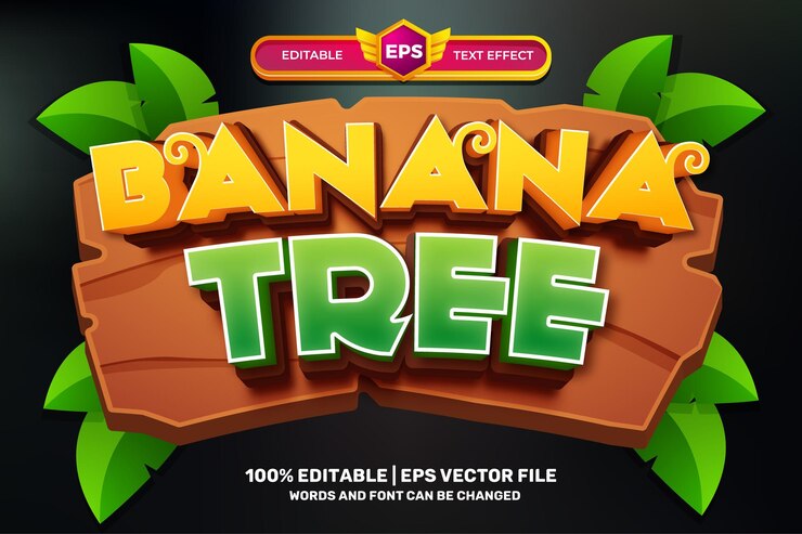 Vector aventura de dibujos animados de árbol de plátano estilo de efecto de texto editable en negrita 3d