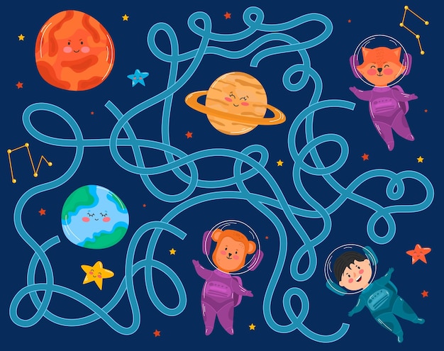 Aventura espacial con laberinto juego de laberinto para niños lógica educativa divertida estrella de planetas de dibujos animados lindo