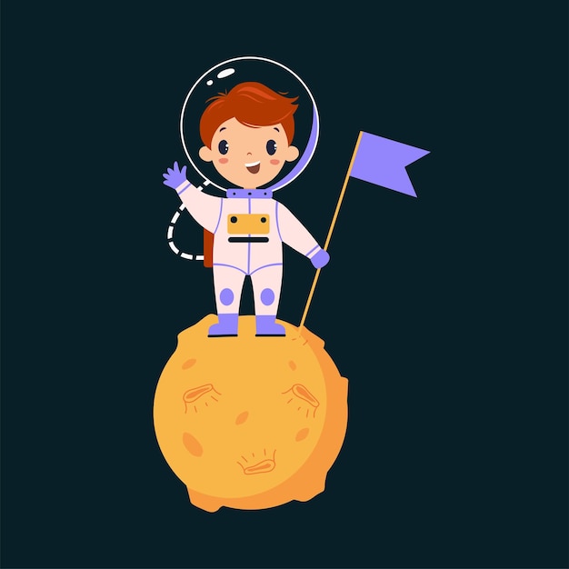 Aventura espacial con el niño astronauta en traje espacial en la Luna con bandera Explorando la ilustración vectorial de la galaxia