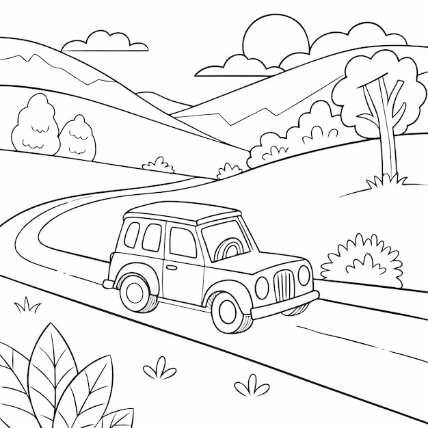 Aventura en jeep fuera de carretera en el campo Esbozo dibujado a mano para colorear