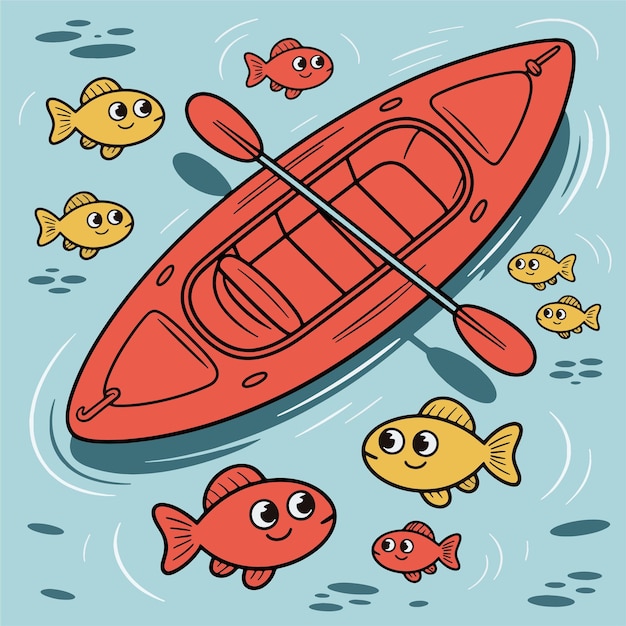Aventura en kayak Una ilustración de dibujos animados de kayak y peces