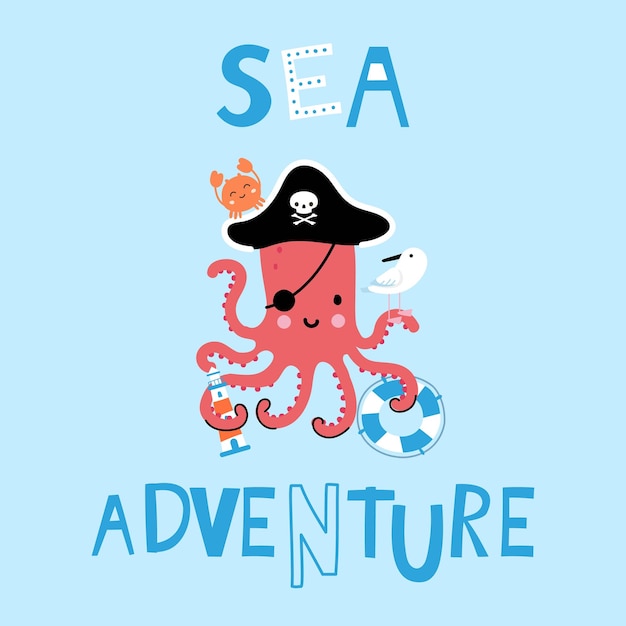Aventura marítima para niños impresión o tarjeta con dibujos animados bonitos pulpo gaviota pirata y faro personajes gráficos vectoriales de diseño náutico decorativos para niños