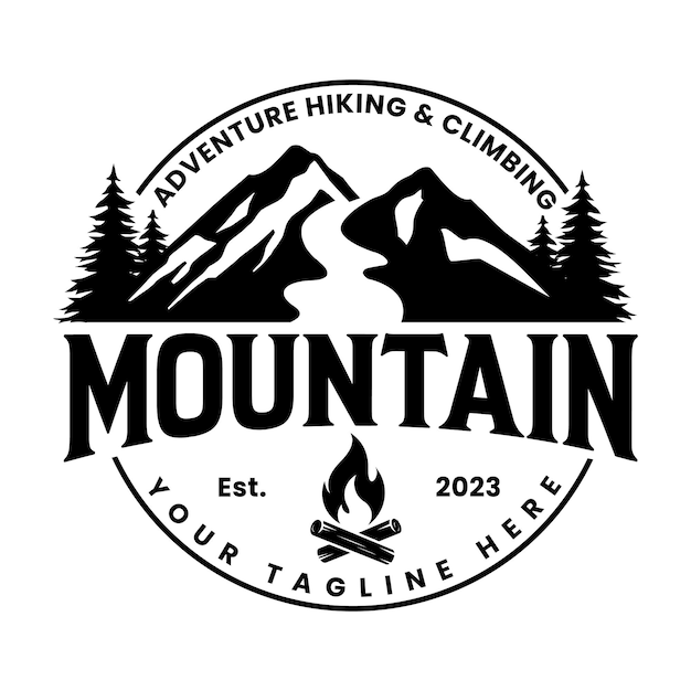 Aventura de montaña y logotipo de senderismo viajes de montaña vector de logotipo de pico de montaña