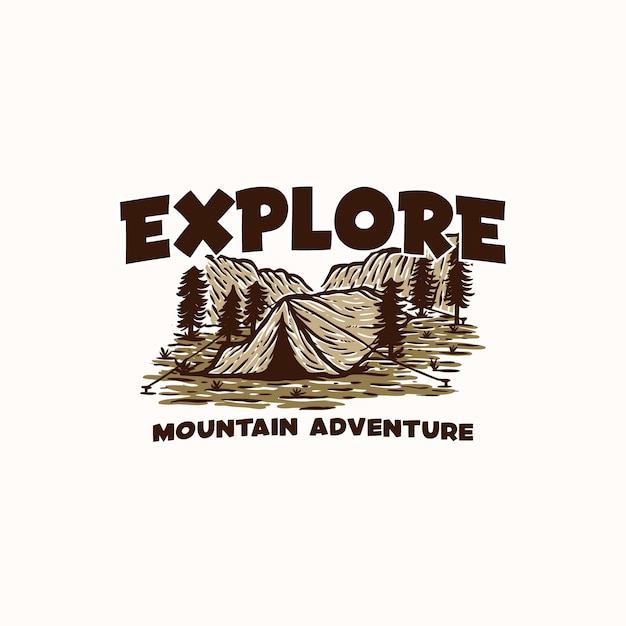 Aventura de montaña y plantilla de logotipo vintage al aire libre. Insignia o estilo emblema.