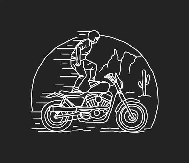 Aventura en Moto Vintage, Club de Motocross. Ilustración vectorial dibujada a mano