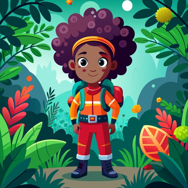 Vector la aventura de la selva chica negra personaje animado dibujado a mano mascota pegatina de personaje de dibujos animados