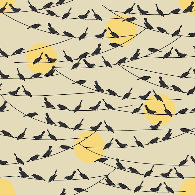 Aves en alambres patrón sin costura en fondo beige ilustración vectorial