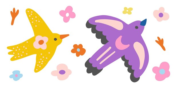 Aves coloridas y elementos florales con vibraciones tropicales perfectas para la naturaleza inspirada alegre y
