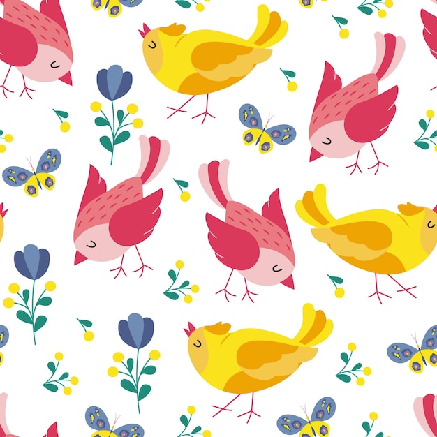 Aves coloridas de patrones sin fisuras Aves exóticas en diferentes poses de impresión Ilustración vectorial
