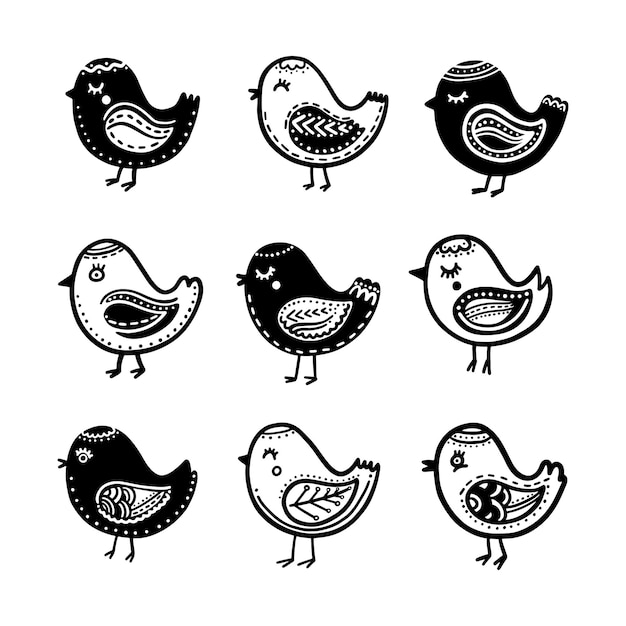 Aves de dibujos animados dibujados a mano al estilo escandinavo Ilustración vectorial