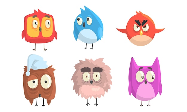 Aves de dibujos animados con ojos grandes Ilustración vectorial