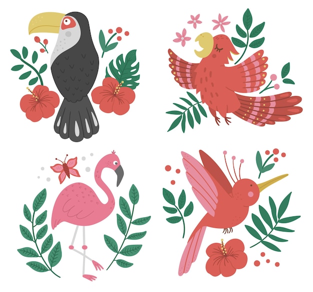 con aves exóticas, hojas, flores.