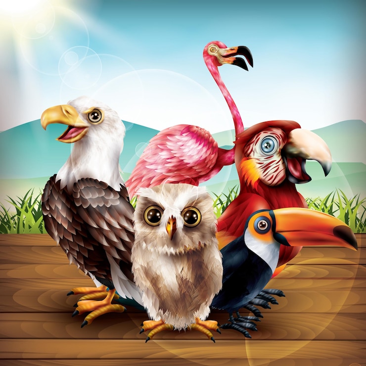 Vector aves exóticas tropicales bonitas aves coloridas grupo de aves de rapiña y mascotas en un fondo de bosque