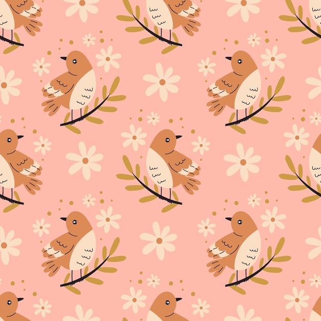 Aves con flores y ramas con un patrón sin costuras
