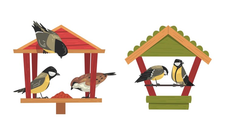Vector aves de invierno que se alimentan de semillas y granos vertidos en un conjunto de vectores de comedor o mesa de aves