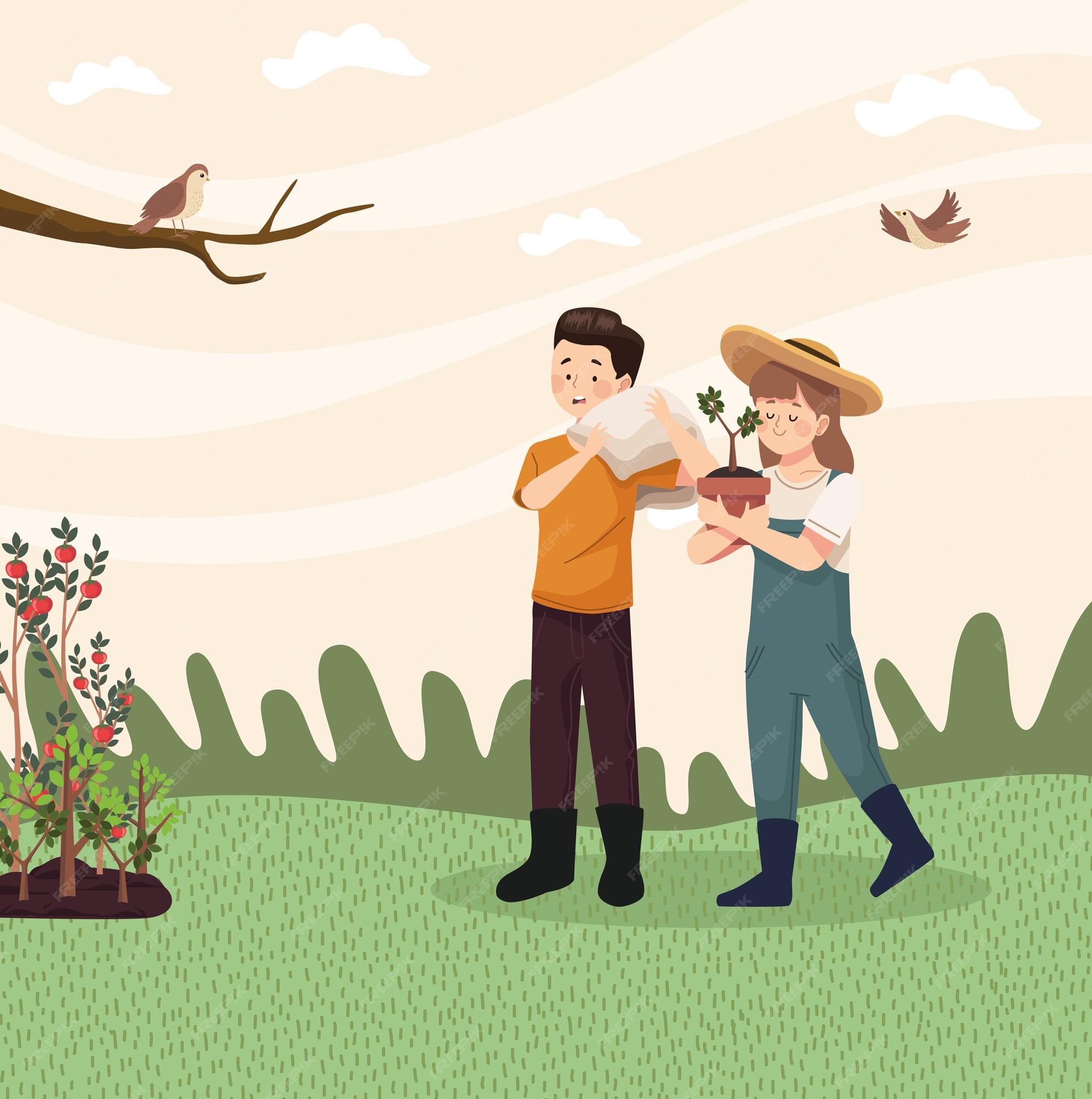 Aves y pareja de granjeros | Vector Premium Aves y pareja de granjeros | Vector Premium