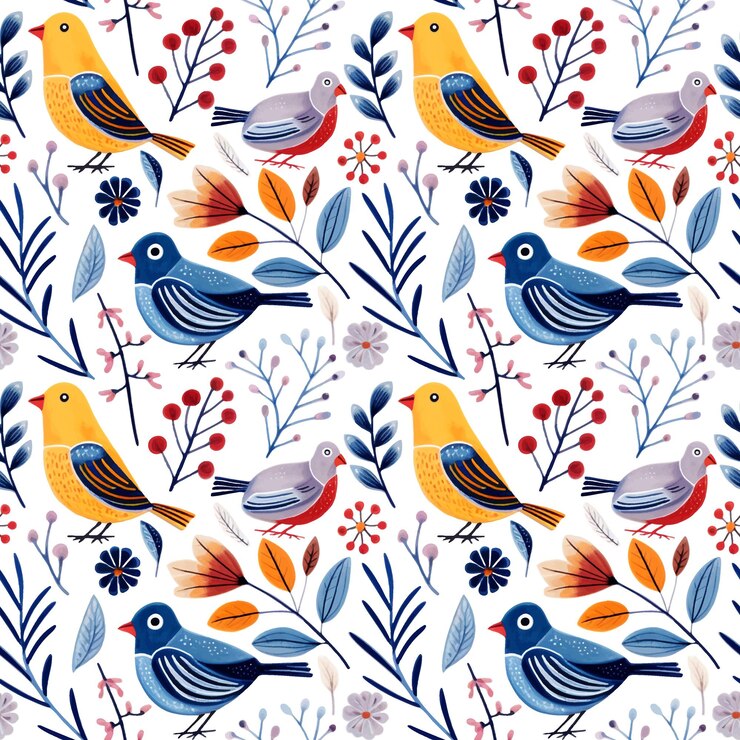 Aves de patrones sin fisuras y garabato floral Acuarela dibujada a mano fondo pájaros y flores