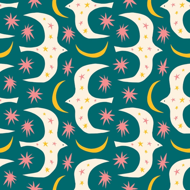 Aves de la paz noche boho ingenuo funky handdrawn estilo escandinavo de patrones sin fisuras vector