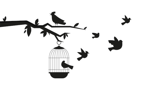 Aves en silueta de jaula
