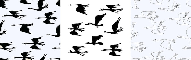 Aves voladoras dibujadas a mano siluetas abstractas patrones sin costuras fondo vectorial papel textil