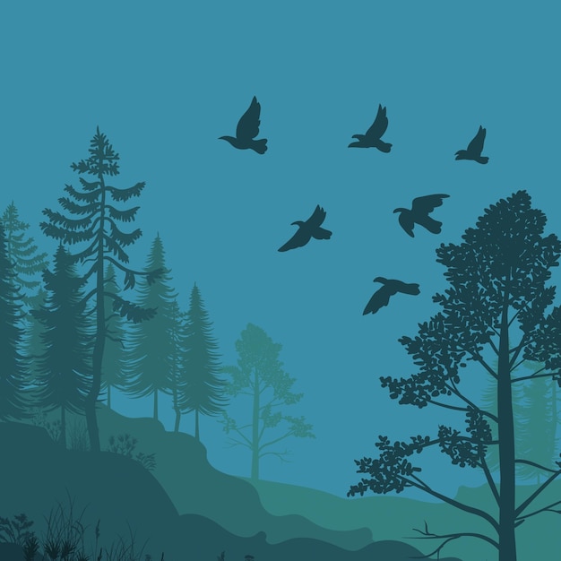 Aves en vuelo sobre un paisaje forestal en silueta al anochecer