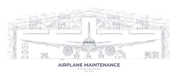 Vector avión abstracto 3d en hangar concepto de servicio de reparación de aviones de inspección de mantenimiento de aviones