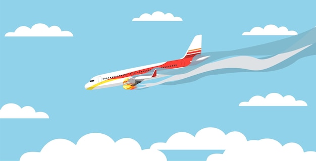 Avión accidente avión con motor en llamas cae accidente de transporte aéreo en situación de peligro en el cielo durante el vuelo aeronave dañada ilustración aislada plana de dibujos animados concepto vectorial