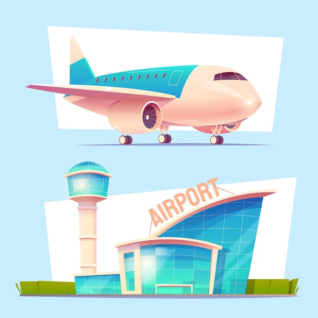 Vector avión y aeropuerto ilustrados.