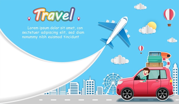 Avión y automóvil viajan por todo el mundo.