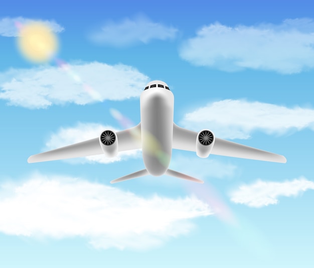 avión blanco volando con fondo de cielo brillante
