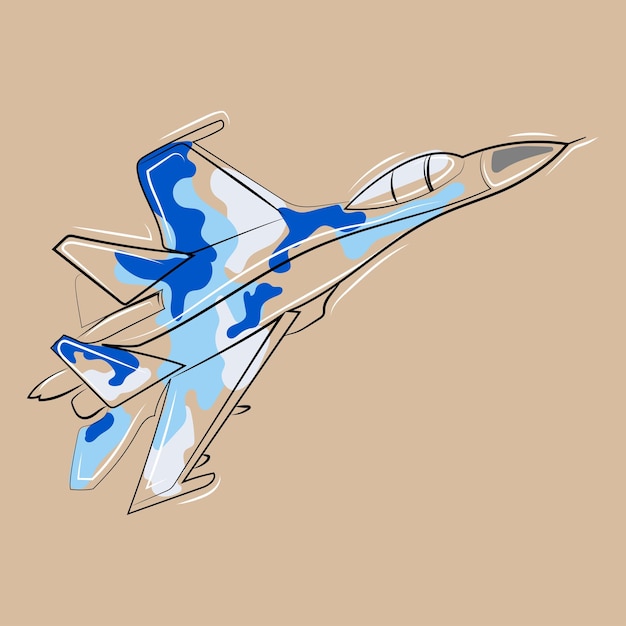 Avión de combate Sukhoi Su-27 ilustración vectorial. Avión de combate volando en el dibujo de la línea del cielo