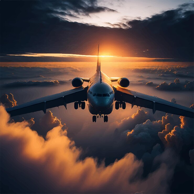 Vector avión comercial volando por encima de las nubes en la dramática luz del atardecer