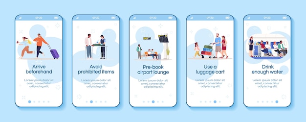 Avión consejos de viaje incorporación de plantilla de vector de pantalla de aplicación móvil. Llegue a tiempo, reserve un asiento en la sala VIP del aeropuerto. Pasos del sitio web de tutorial con caracteres planos. Dibujos animados de smartphone UX, UI, GUI