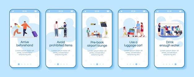 Avión consejos de viaje incorporación de plantilla de vector de pantalla de aplicación móvil. llegue a tiempo, reserve un asiento en la sala vip del aeropuerto. pasos del sitio web de tutorial con caracteres planos. dibujos animados de smartphone ux, ui, gui