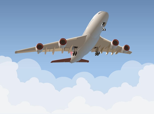 Vector el avión despega contra el fondo de un cielo nublado vector