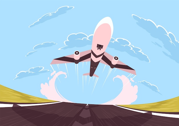 Avión despega o aterriza en pista Transporte aéreo de pasajeros moderno sobre fondo de cielo Concepto de aviación de transporte de viaje en estilo plano de dibujos animados