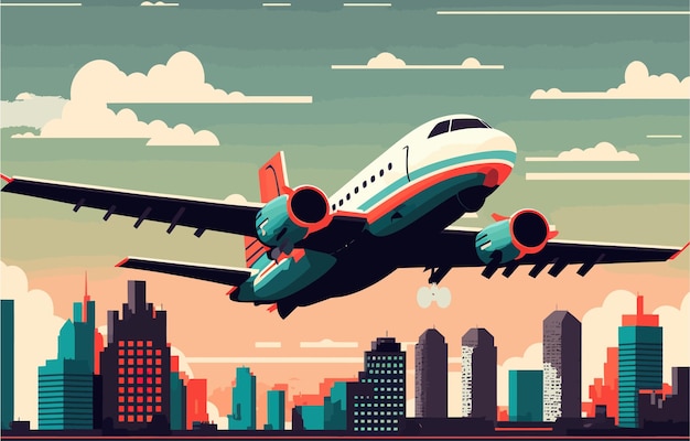 Avión en el fondo de la ciudad Estilizada hermosa combinación de colores Rascacielos de IA generativa papel tapiz viajes pasajeros de aerolíneas vacaciones Concepto de arte Ilustración vectorial
