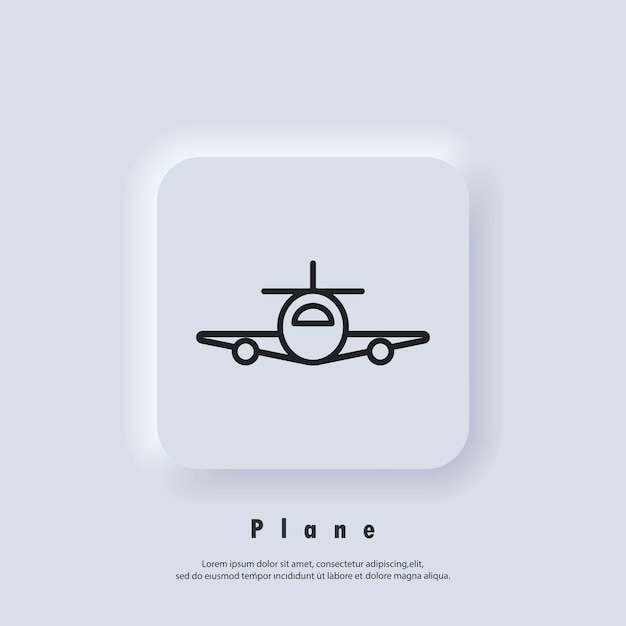 Avión, icono de avión. Logotipo de la insignia de la agencia de viajes. Iconos de avión. Vector. Icono de interfaz de usuario. Botón web de interfaz de usuario blanco Neumorphic UI UX.