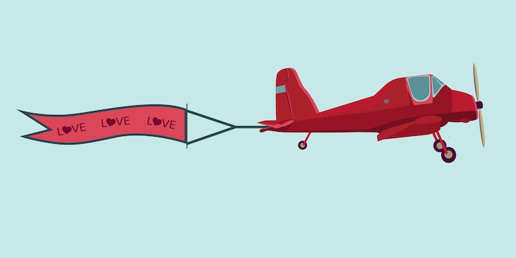 Vector avión ilustrado con una cinta avión sosteniendo una cinta roja con mensaje de amor día de san valentín