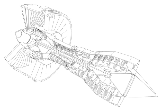 Avión con motor turborreactor. Ilustración de línea vectorial.