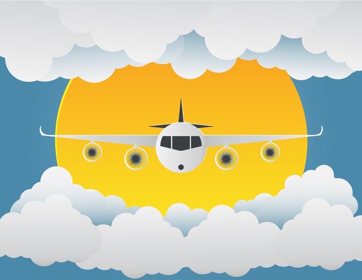 Vector avión con nubes y sol sobre fondo azul
