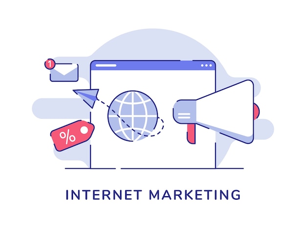 Avión de papel de concepto de marketing en Internet volando desde el megáfono de globo en la pantalla de la computadora con estilo de contorno plano