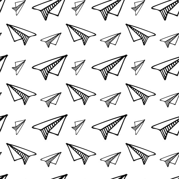 Avión de papel dibujado a mano de patrones sin fisuras. doodle dibujo negro. símbolo de signo. elemento de decoración. aislado sobre fondo blanco. diseño plano. ilustración vectorial.