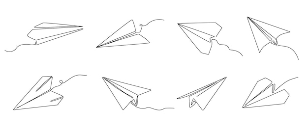 Avión de papel de una línea concepto de envío de mensaje de avión de origami y conjunto de ilustraciones vectoriales de aviones de papel voladores