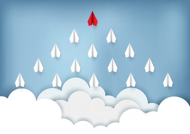 Avión de papel rojo y blanco vuela hacia el cielo mientras vuela por encima de una nube. idea creativa. vector de dibujos animados de ilustración